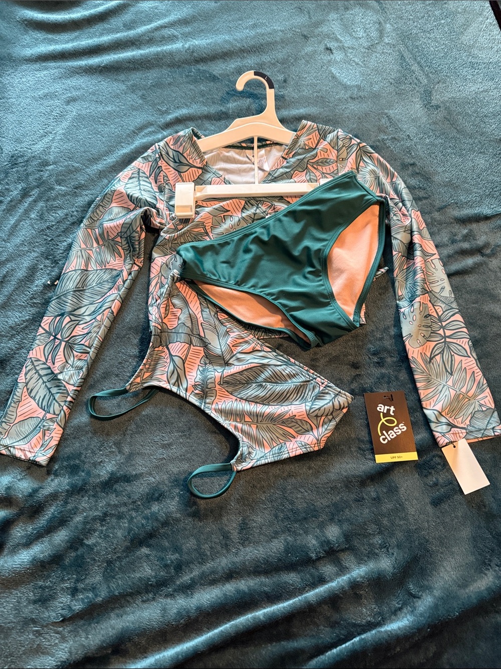 art class Girls Tropical Leaf Rash Guard Set - Teal & Pink Leaf Print